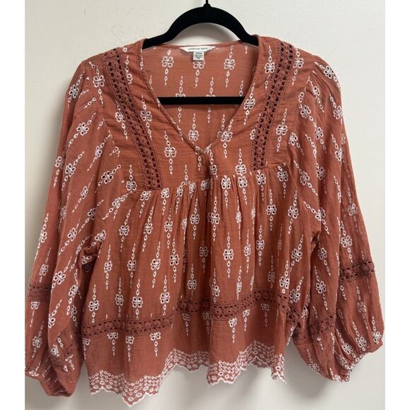 American Eagle Women's Rust Orange Embroidered Peasant Boho Blouse Top Size S - Picture 1 of 6